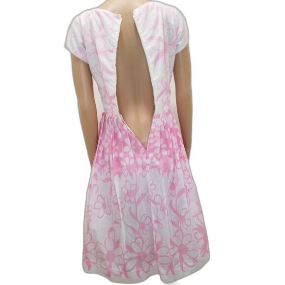 1950s Pink White Floral Handmade Pleated Fit Flare Short Sleeve Puffy Midi Dress - Picture 8 of 8